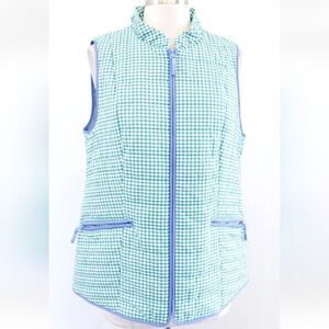 Talbots Green White Gingham Plaid Blue Trimmed Quilted Vest Zip Front Size Small